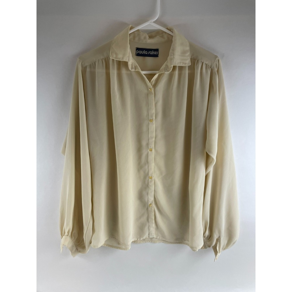 Paula Saker Blouse Women's Size 10 Cream Vintage Semi-Sheer Button Up Long Slv